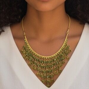 Green Beaded Bib Necklace Gold Tone Statement Necklace Boho Fringe Tassel